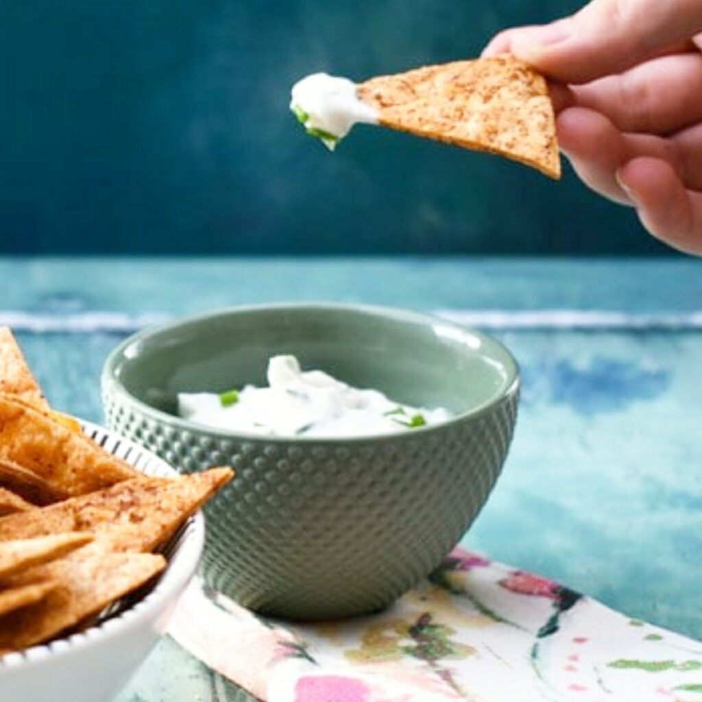 Vegan lemon chive dip with tortilla chips