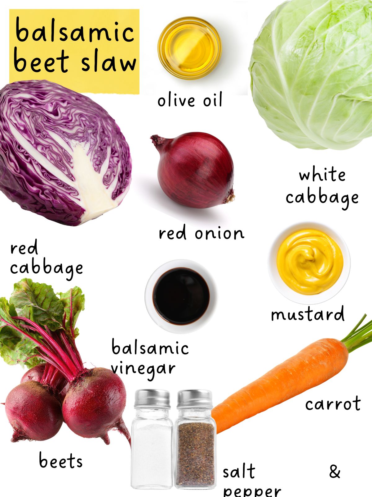 Visual ingredient guide for balsamic beet slaw including white and red cabbage, red onion and carrot.