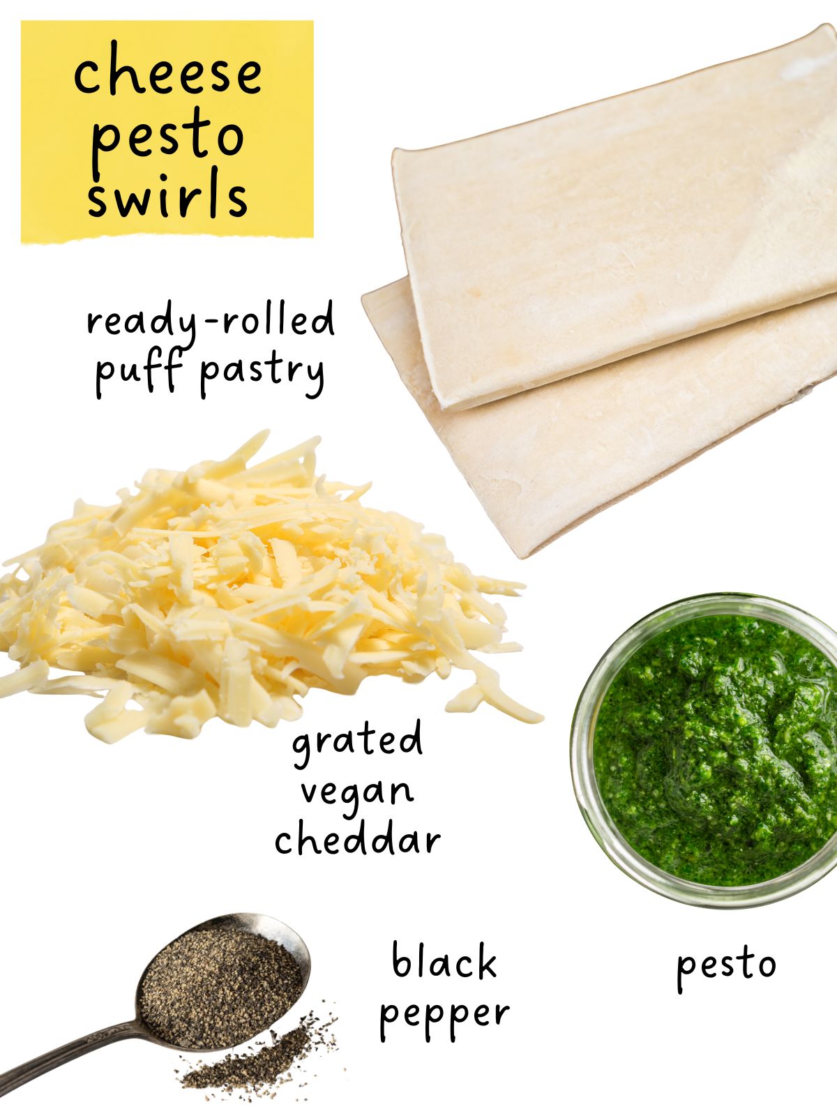 Ingredients for cheese pesto swirls including puff pastry, pesto & vegan cheddar.
