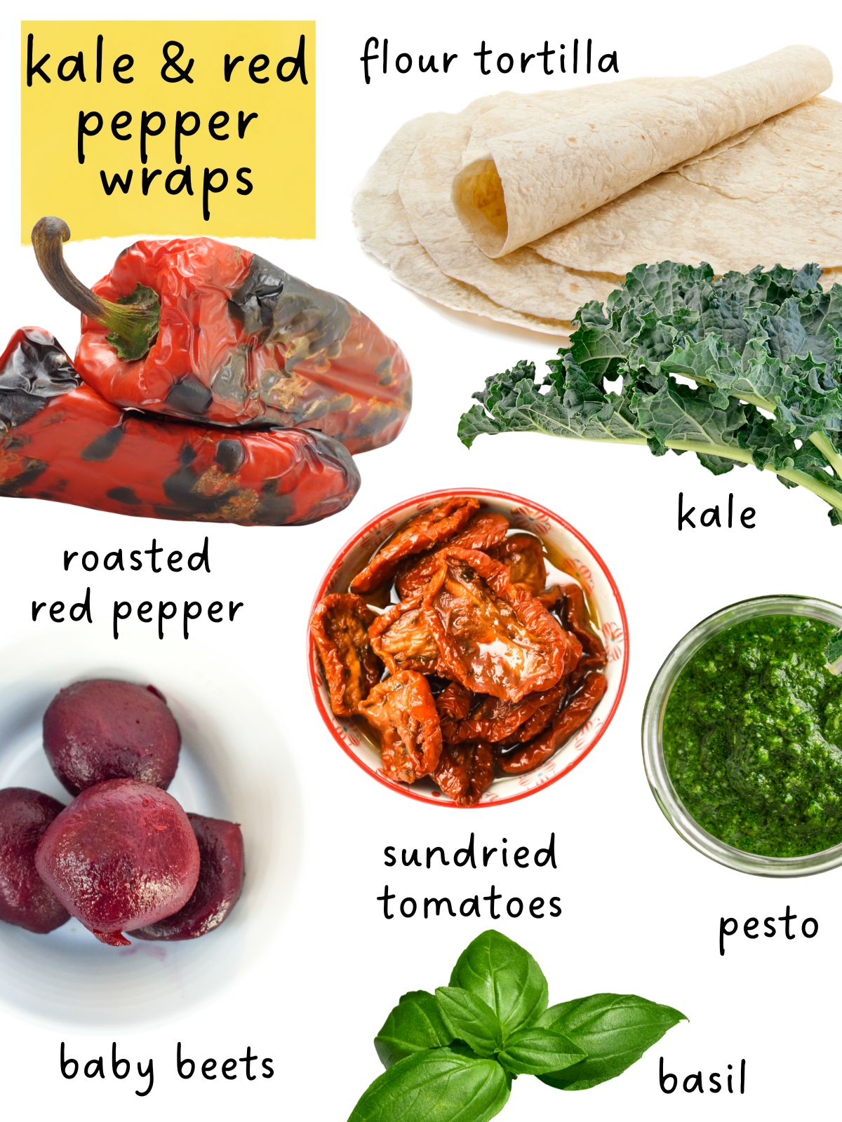 Wrap ingredients including tortilla wraps, roasted red peppers, sundried tomatoes and pickled baby beets.