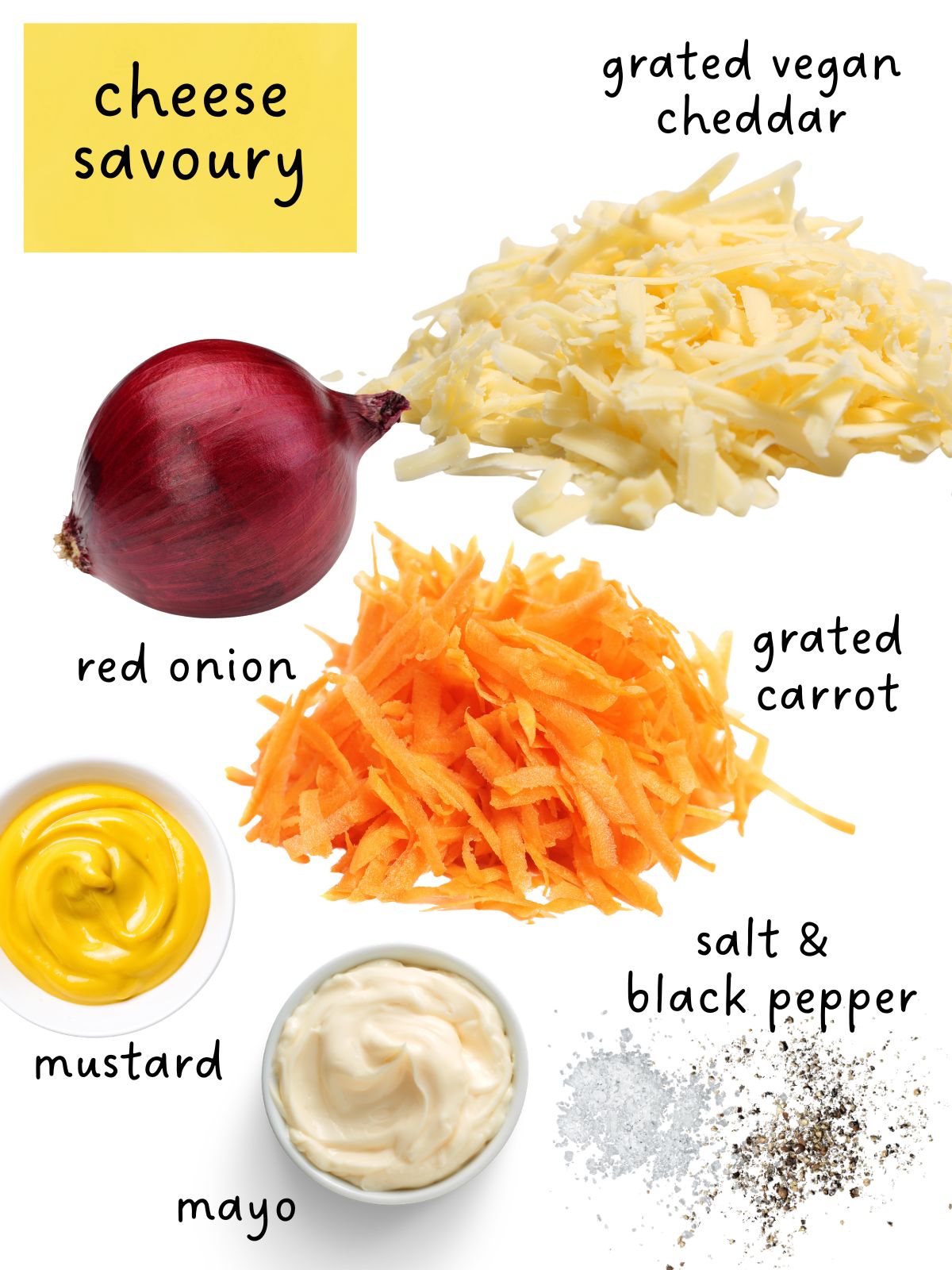 Ingredients for cheese savoury including cheese, red onion and carrot.