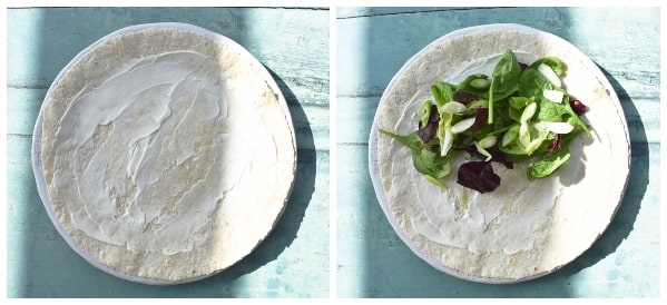Step 1 _ wrap spread with mayo and salad leaves added.