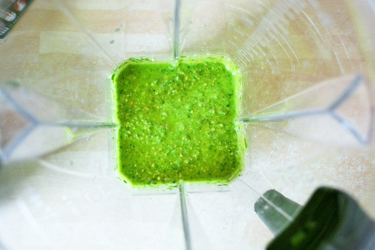 pesto blended in a blender jug.