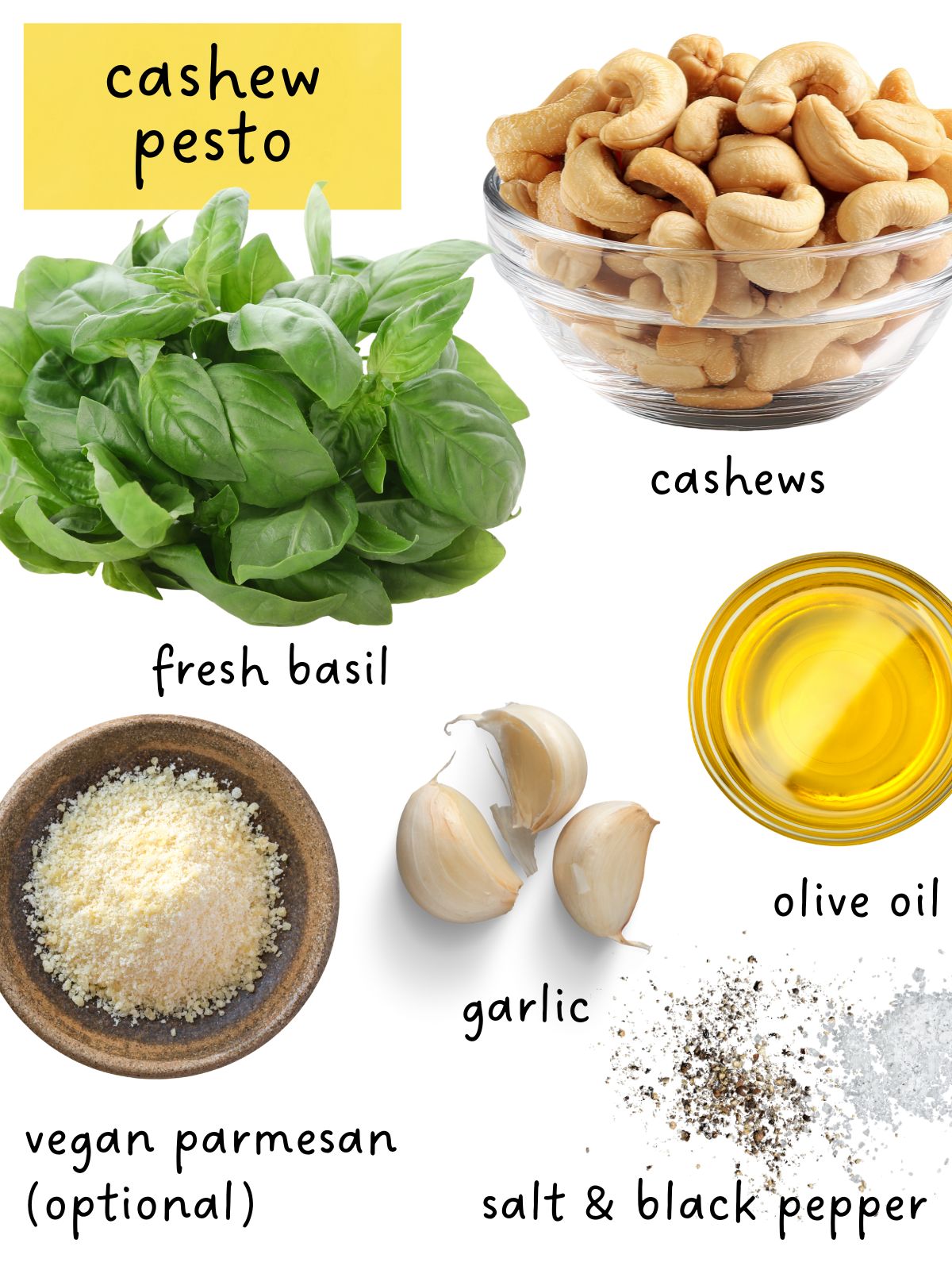 Cashew pesto ingredients including fresh basil, cashews and garlic.