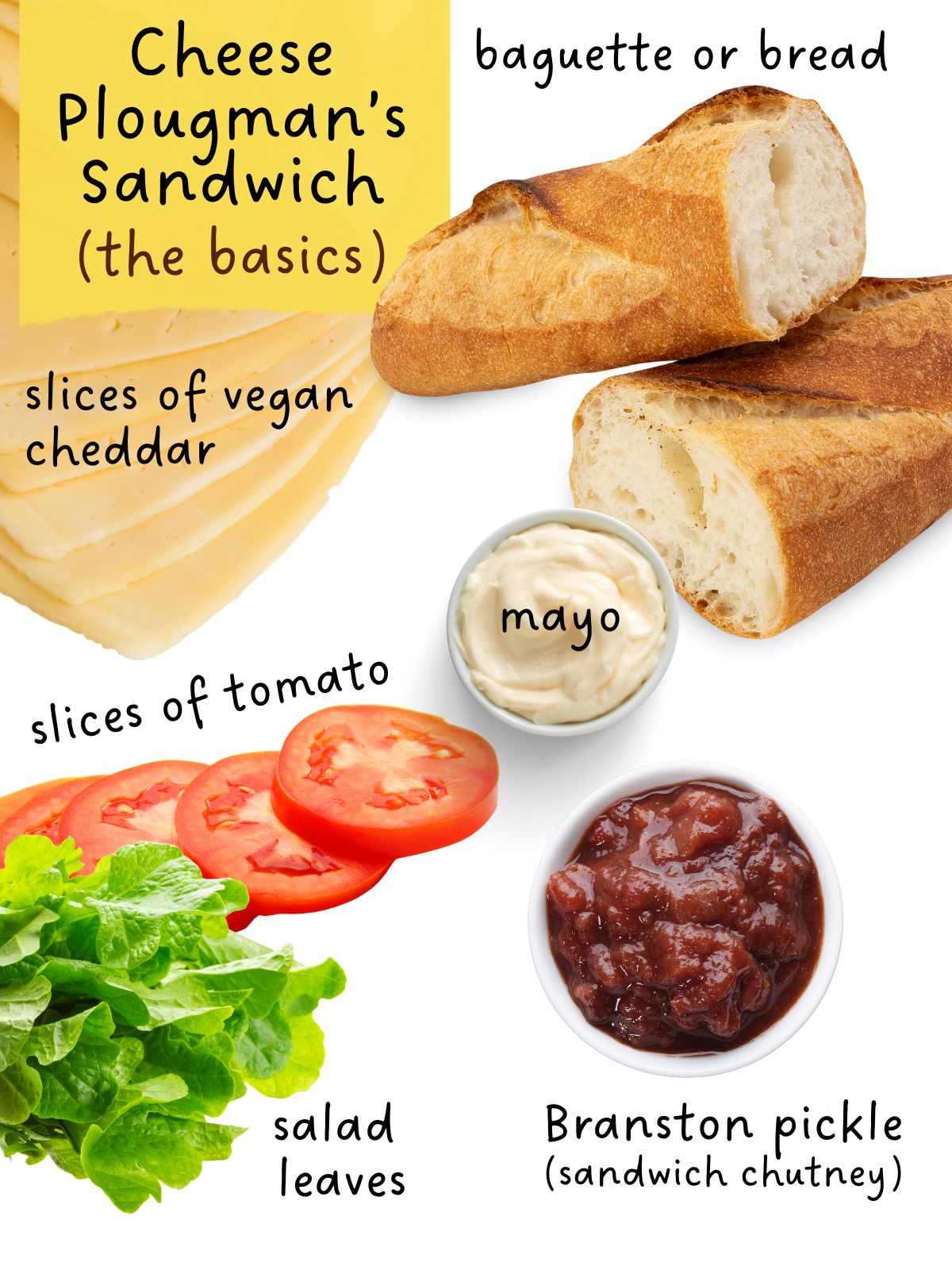 Cheese ploughman's sandwich ingredients including bread, salad, cheese and pickle.