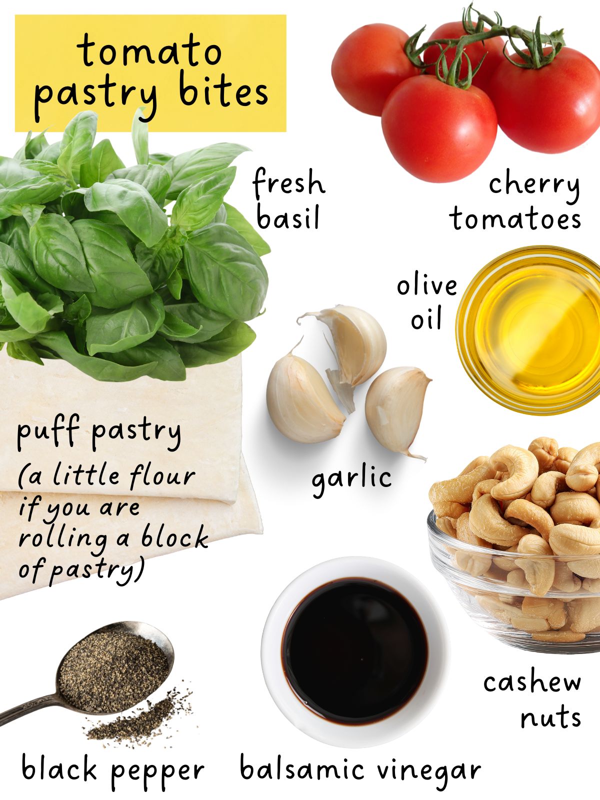 Ingredients for tomato pastry bites including tomatoes, pastry, balsamic vinegar and ingredients for pesto.