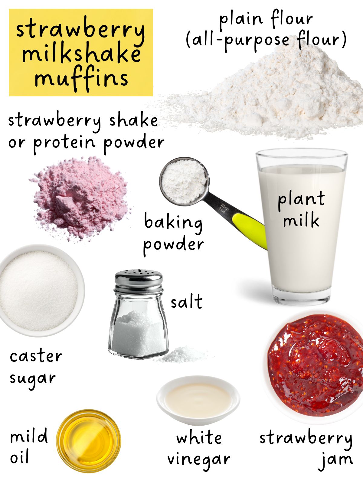 strawberry milkshake muffin ingredients including shake powder, flour, milk, sugar & oil.