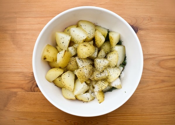 Making Dill Potato Salad - Step 4 - add the potatoes.