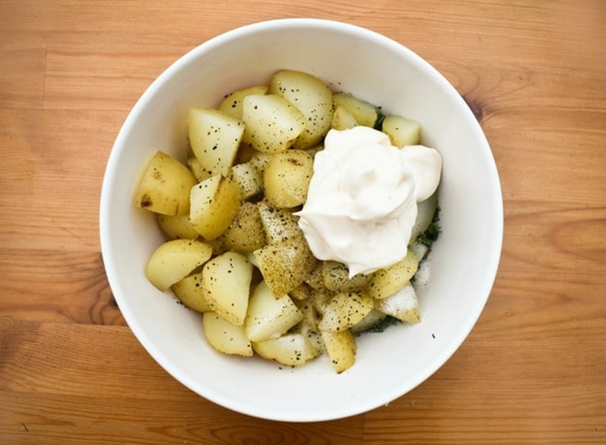 Mayo added to the potatoes.