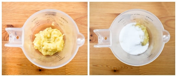 Vegan Banana Pancakes - Step 1 - mashed banana and sugar in a jug.