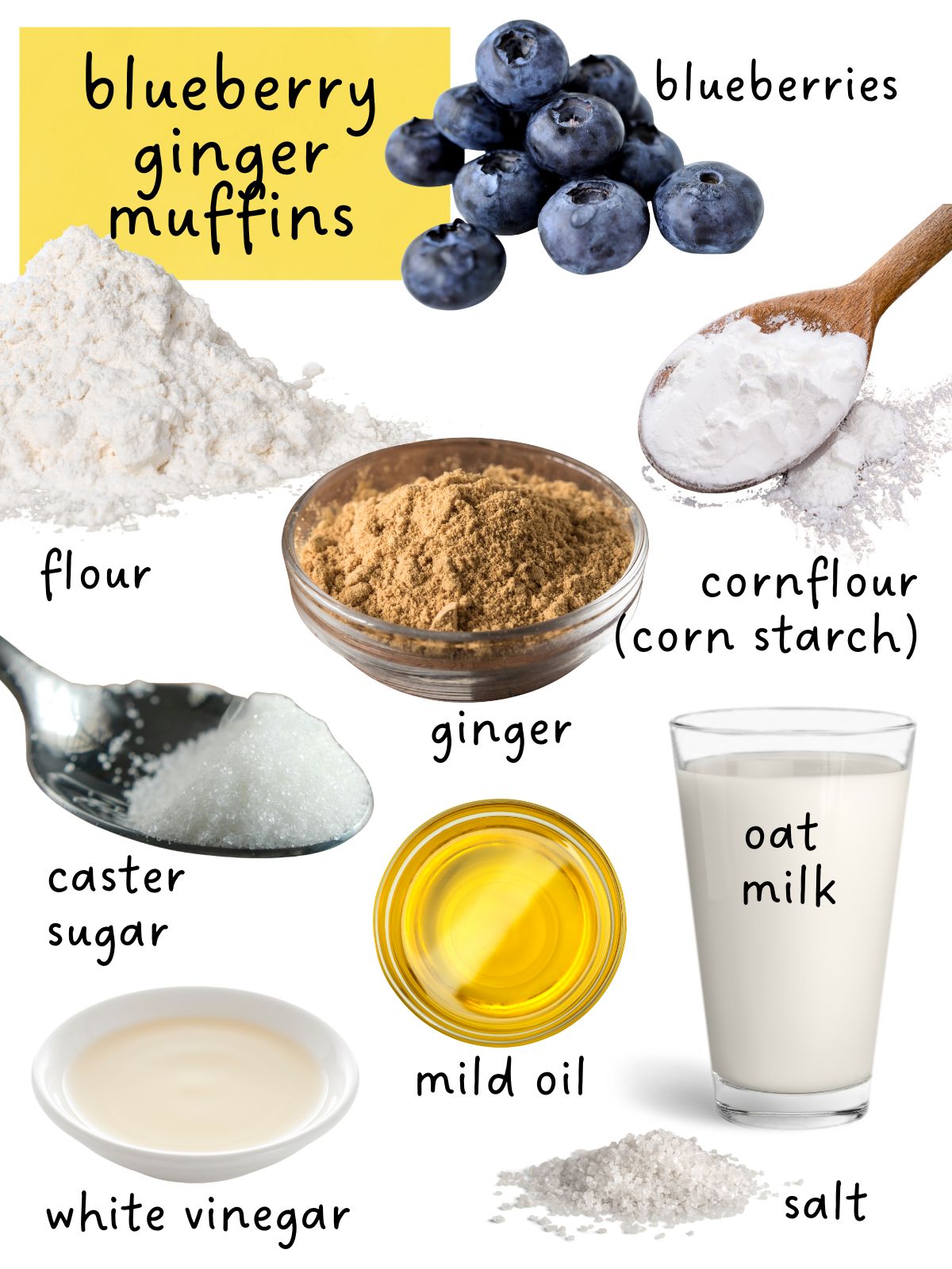 Ingredients for blueberry muffins including blueberries, flour, sugar, oil, milk and vinegar.