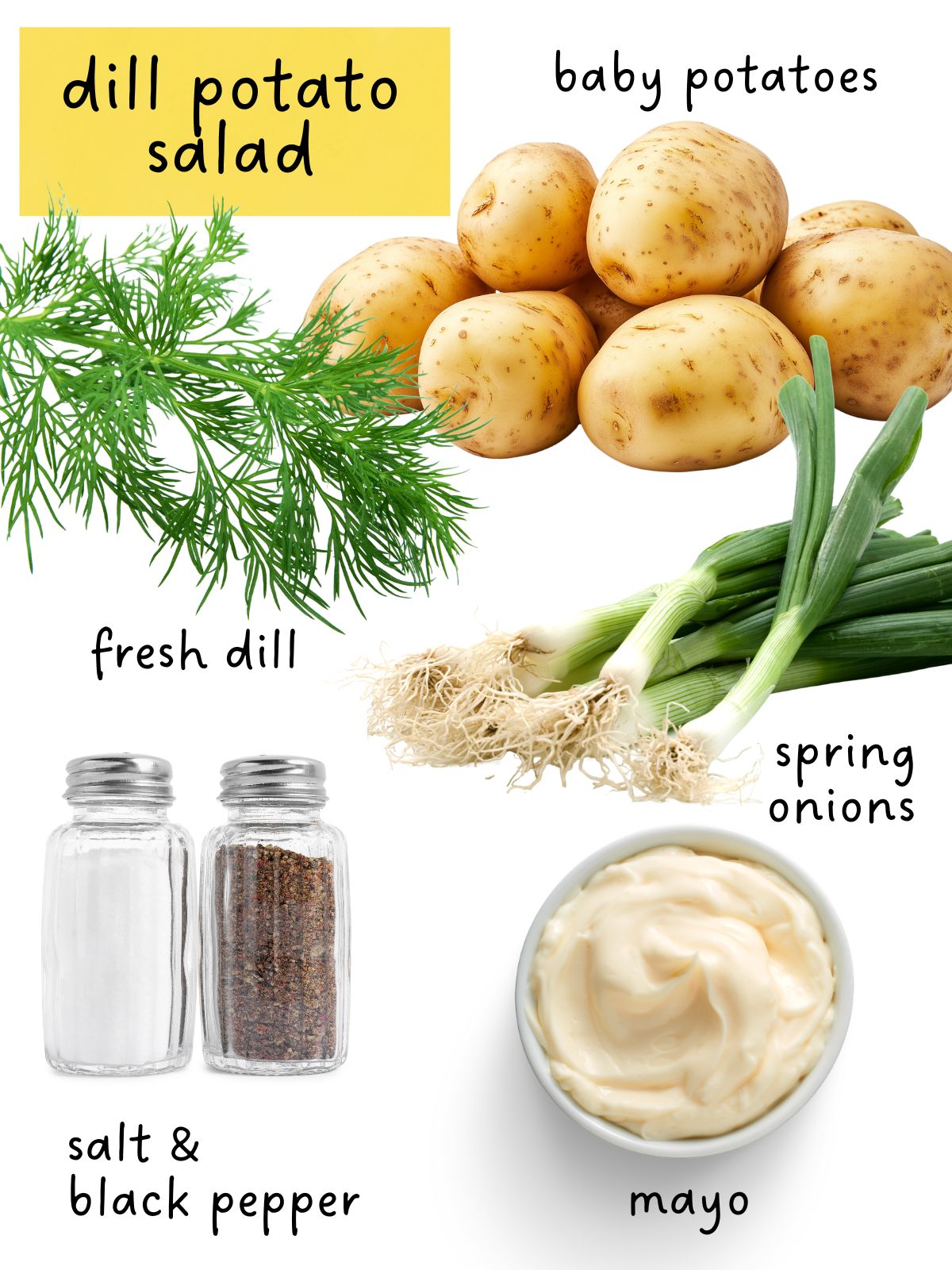 Potato salad ingredients including potatoes, spring onions, mayo & dill.