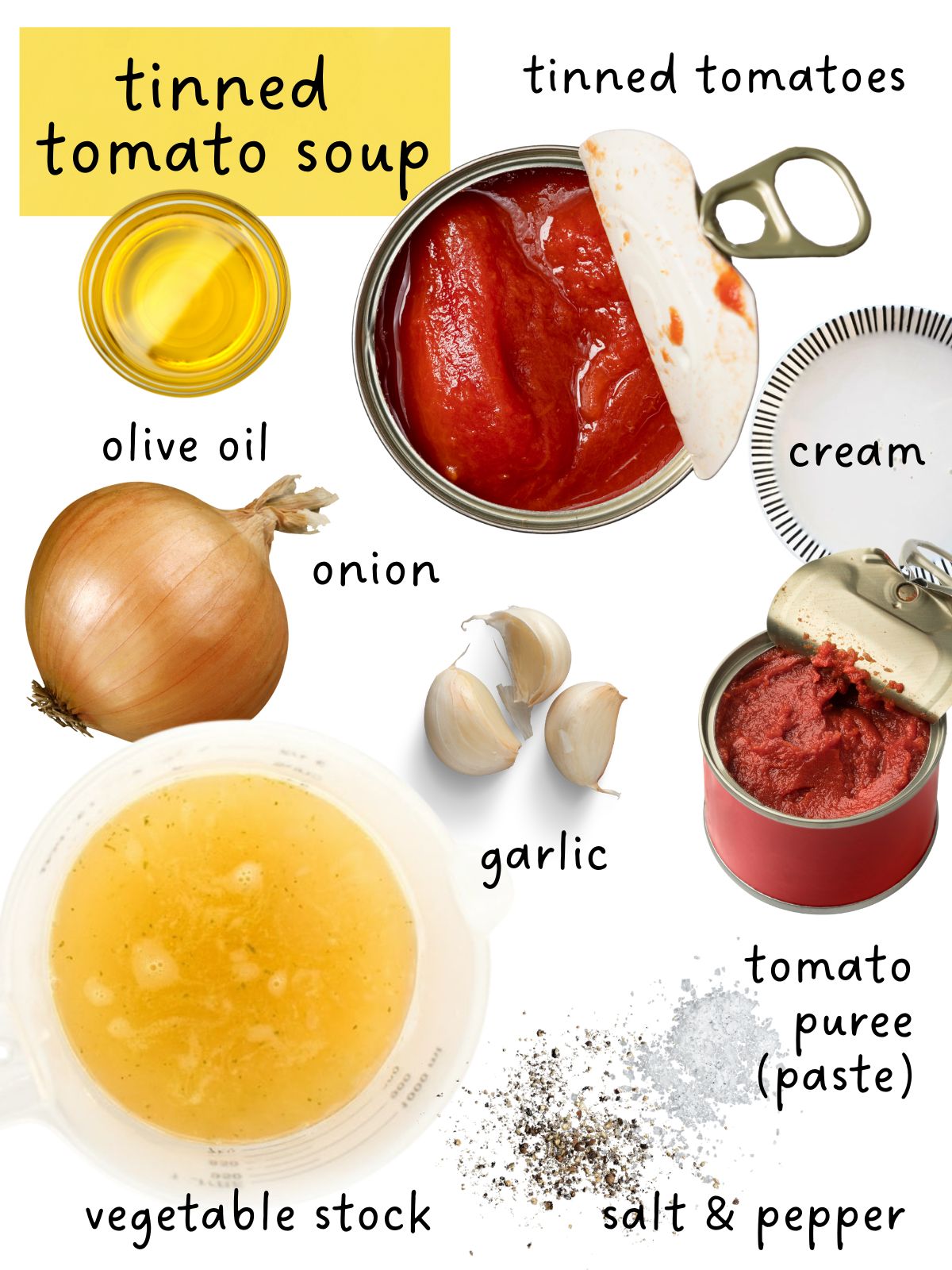 Ingredients for tinned tomato soup, including onion, garlic, tinned tomatoes and tomato puree.