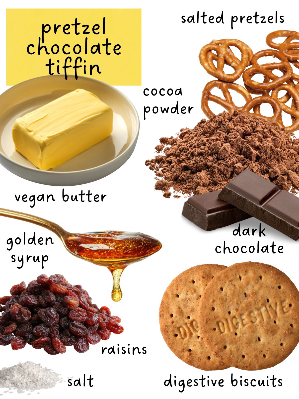 pretzel chocolate tiffin ingredients including digestive biscuits, golden syrup, raisins and cocoa powder.