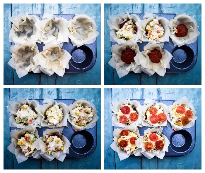 cheese & red pepper filo pies - step 3 - layer up the pies in a muffin tray.
