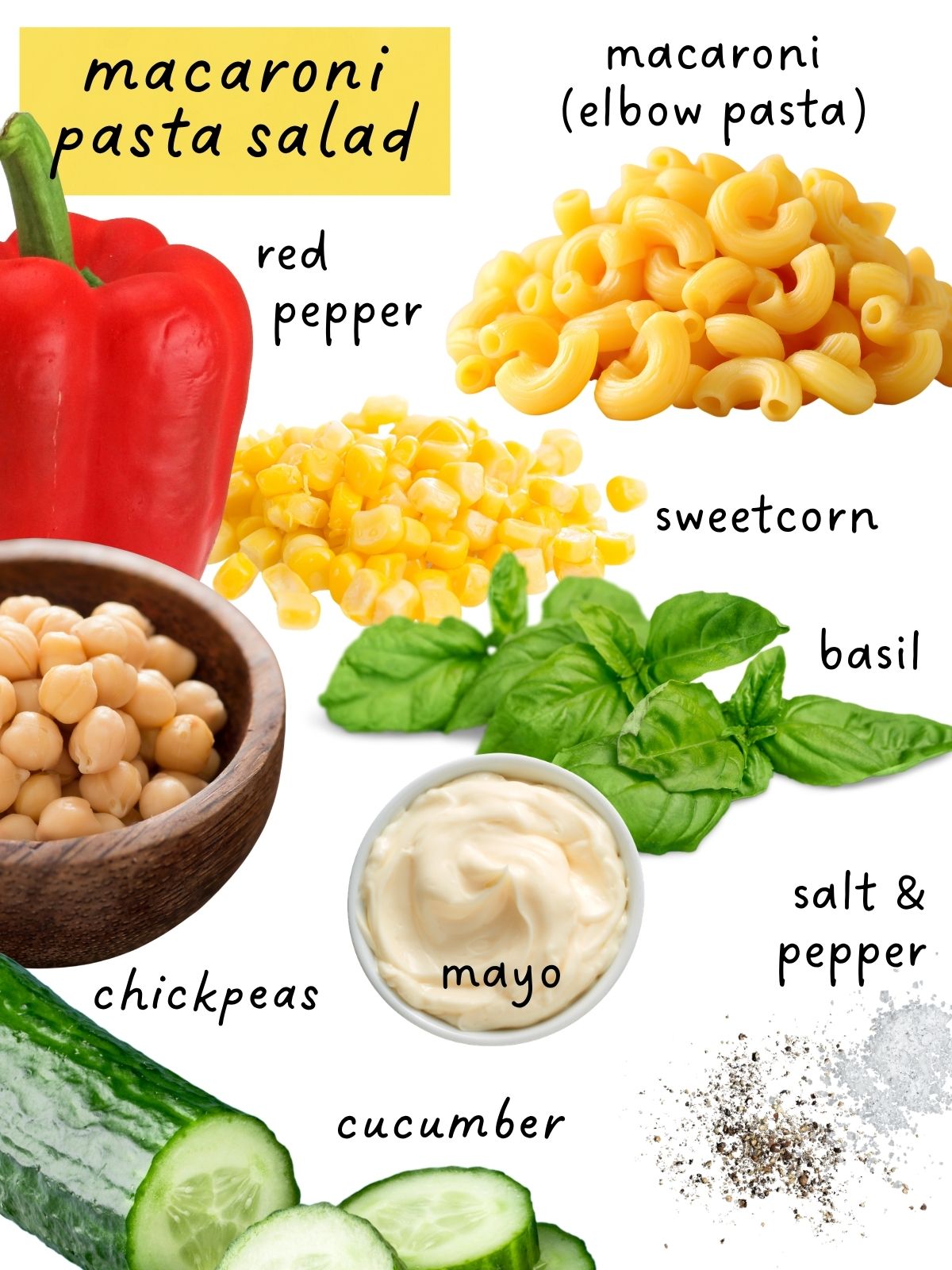 Ingredients for macaroni pasta salad including macaroni, red pepper, corn and chickpeas.