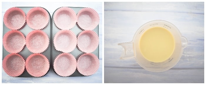 making vegan lemon muffins step 1 - line a muffin tin and add lemin juice to a jug.