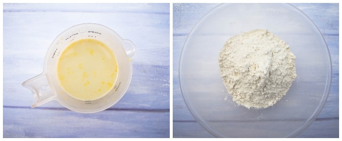 making vegan lemon muffins step 2 - add lemon juice and zest to the jug and dry ingredients to a mixing bowl.