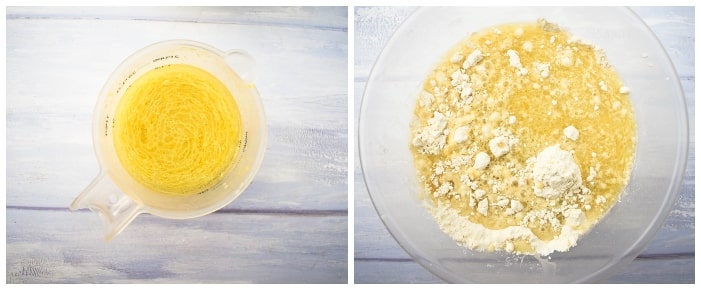 making vegan lemon muffins step 4 - add the oil to the milk, then pour into dry ingredients.