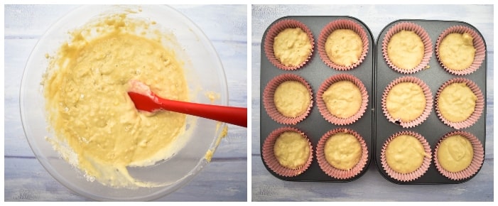 making vegan lemon muffins step 5 - mix until just combined and pour into the muffin cases.