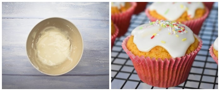 making vegan lemon muffins step 7 - Mix the icing and drizzle on cooled cakes, then add sprinkles if you like.