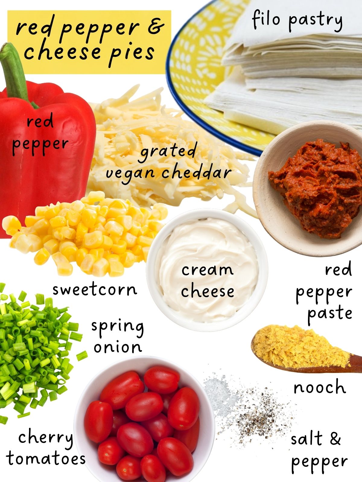 Ingredients for red pepper cheese pies including filo pastry, red pepper, corn, spring onion and cheese.