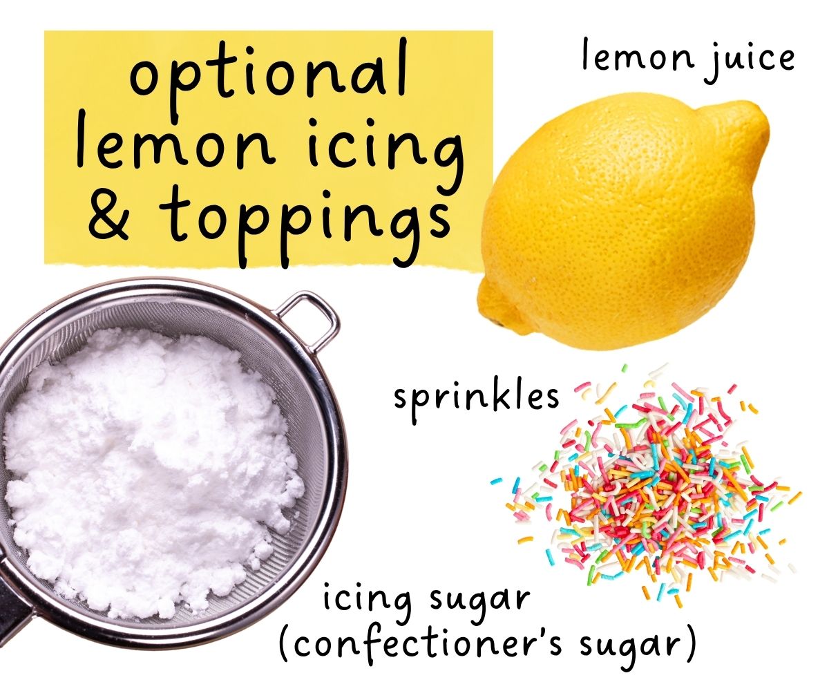 Topping ingredients including lemon juice, icing sugar and toppings.