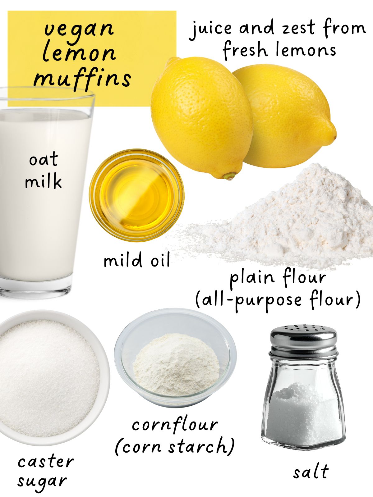 Lemon muffin ingredients including fresh lemon juice and zest, milk, sugar and flour.