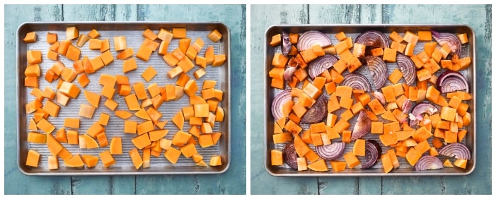 Making Easy Roasted Butternut Squash Soup Step 1 - roasting the veg.