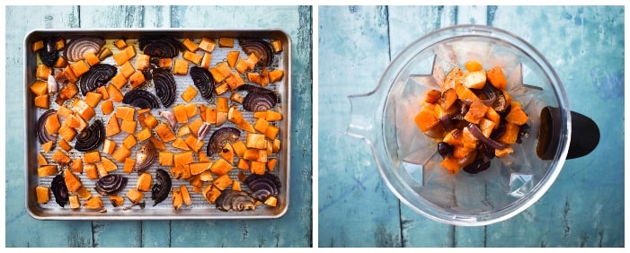Making Easy Roasted Butternut Squash Soup Step 2 - roast until charred at the edges and soft, then scoop into a blender.