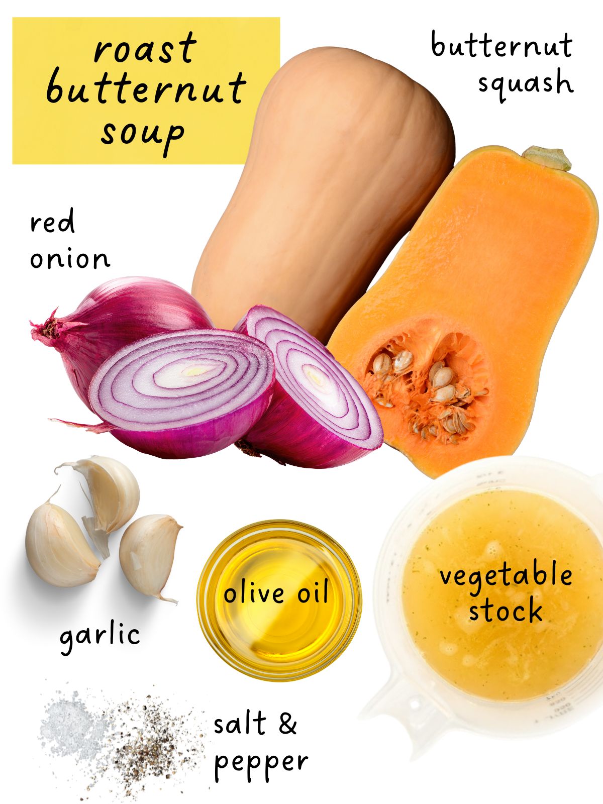 Ingredients for butternut squash soup, including squash, red onion and garlic.
