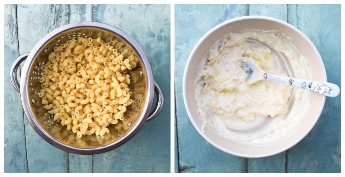 Vegan cheese pasta salad - step 1 - cook and drain pasta and make the base cheese sauce.