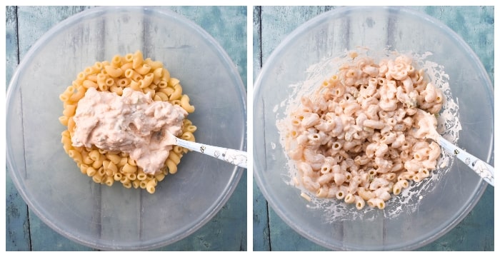 Vegan cheese pasta salad - step 4 - mix the sauce into the pasta.