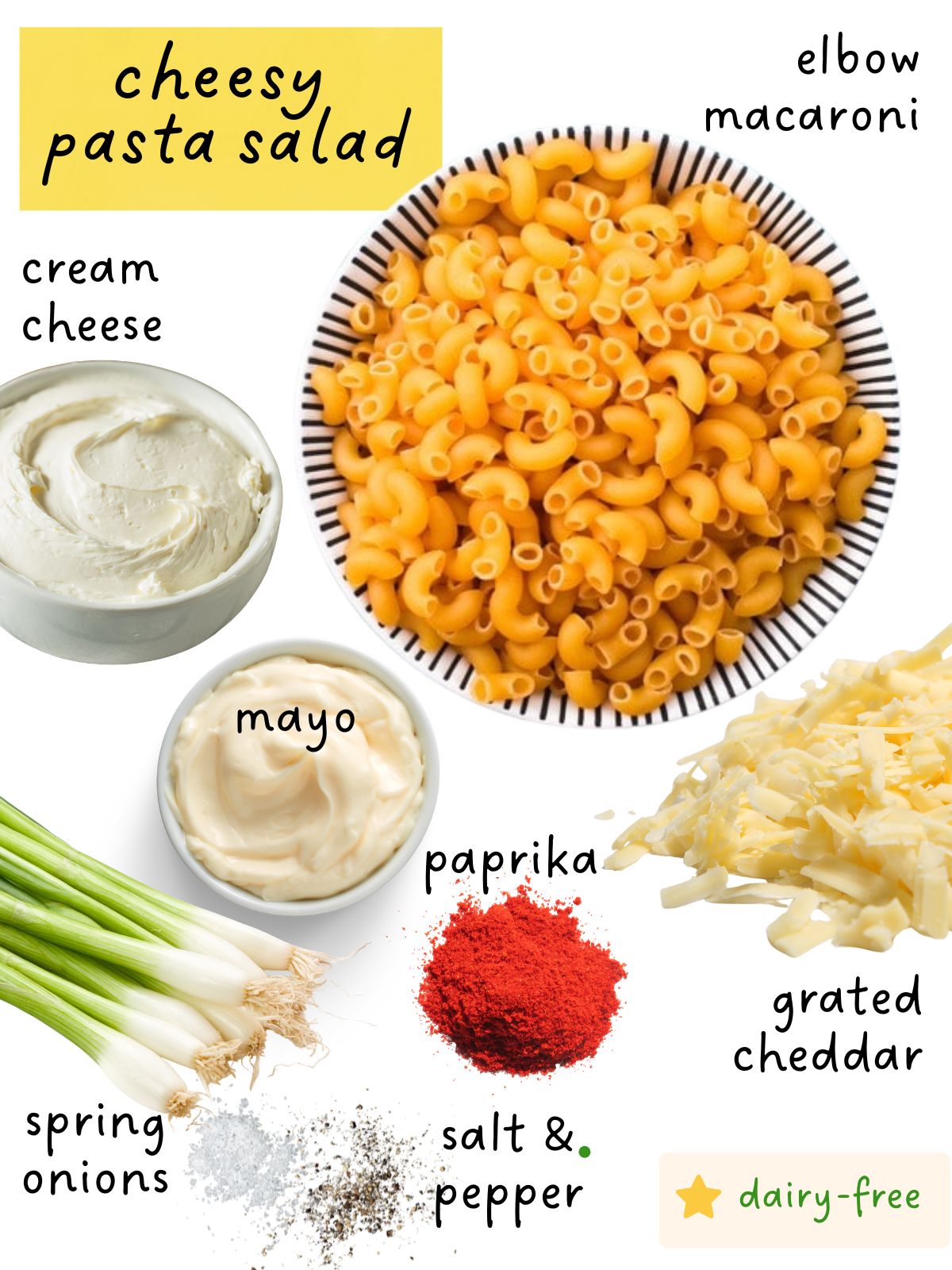cheesy pasta salad ingredients including macaroni, cream cheese, cheddar, spring onions and paprika.