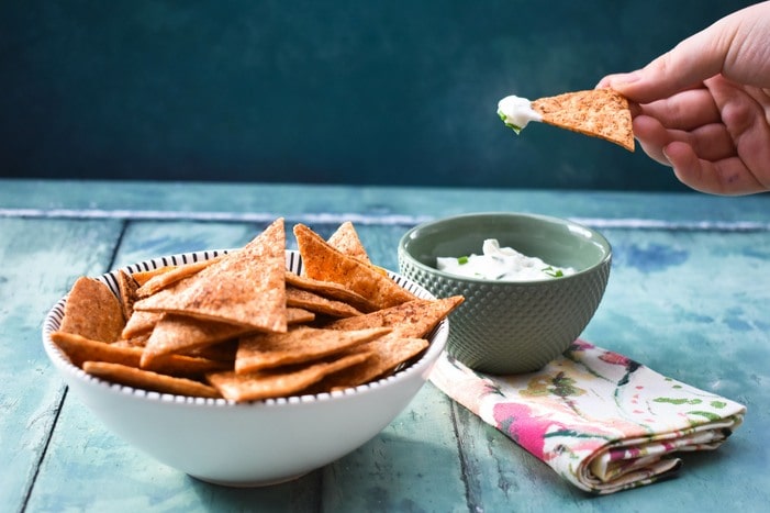 making paprika tortilla chips - step 6 - served with dip.