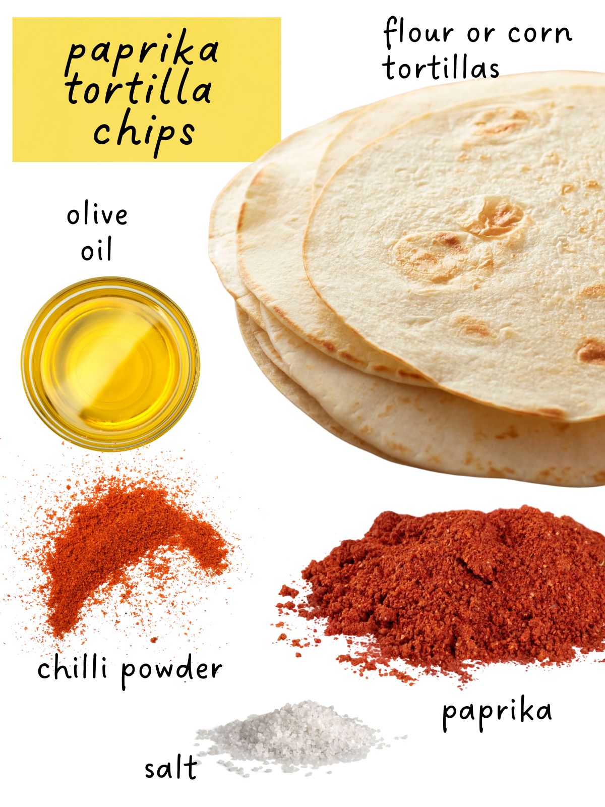 Ingredients for paprika tortilla chips including flour tortillas and paprika.