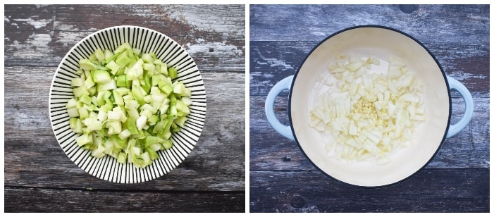 Making broccoli and pea soup - step 2 - cut the stalk finely and saute the onion and garlic in olive oil.