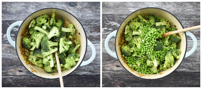 Making broccoli and pea soup - step 4 - add the broccoli.