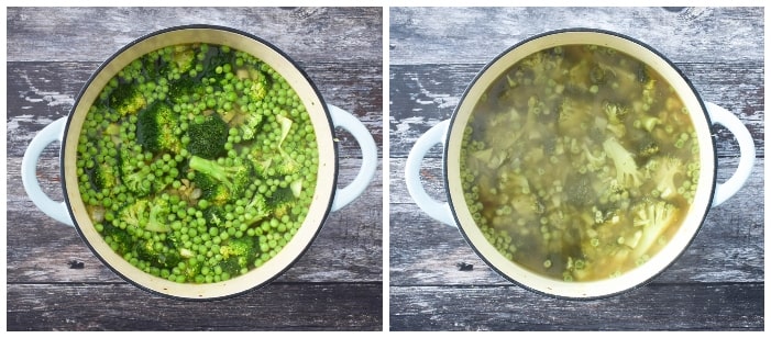 Making broccoli and pea soup - step 5 - add the stock and cook.
