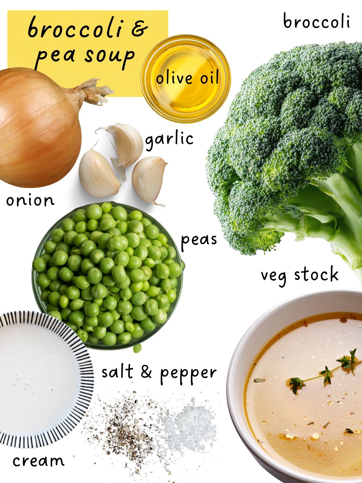 broccoli pea soup ingredients including broccoli, peas and onion.