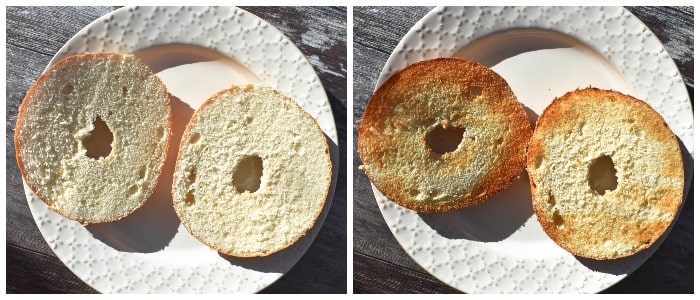 making easy bagel pizza - step 1 -Cut in half and toast bagels.