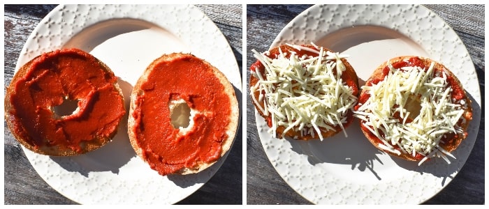 making easy bagel pizza - step 2 - add sauce and cheese.