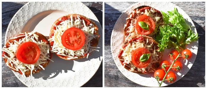 making easy bagel pizza - step 3 - add flavourings and sliced tomato and grill (broil).