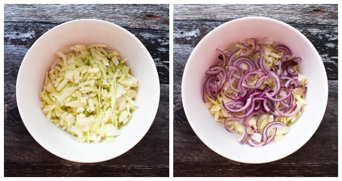 making vegan carrot & dill coleslaw -step 1 - add onion and cabbage to the mixing bowl.