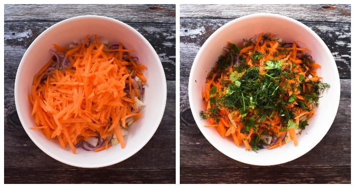 making vegan carrot & dill coleslaw -step 2 - add the carrots and fresh herbs.