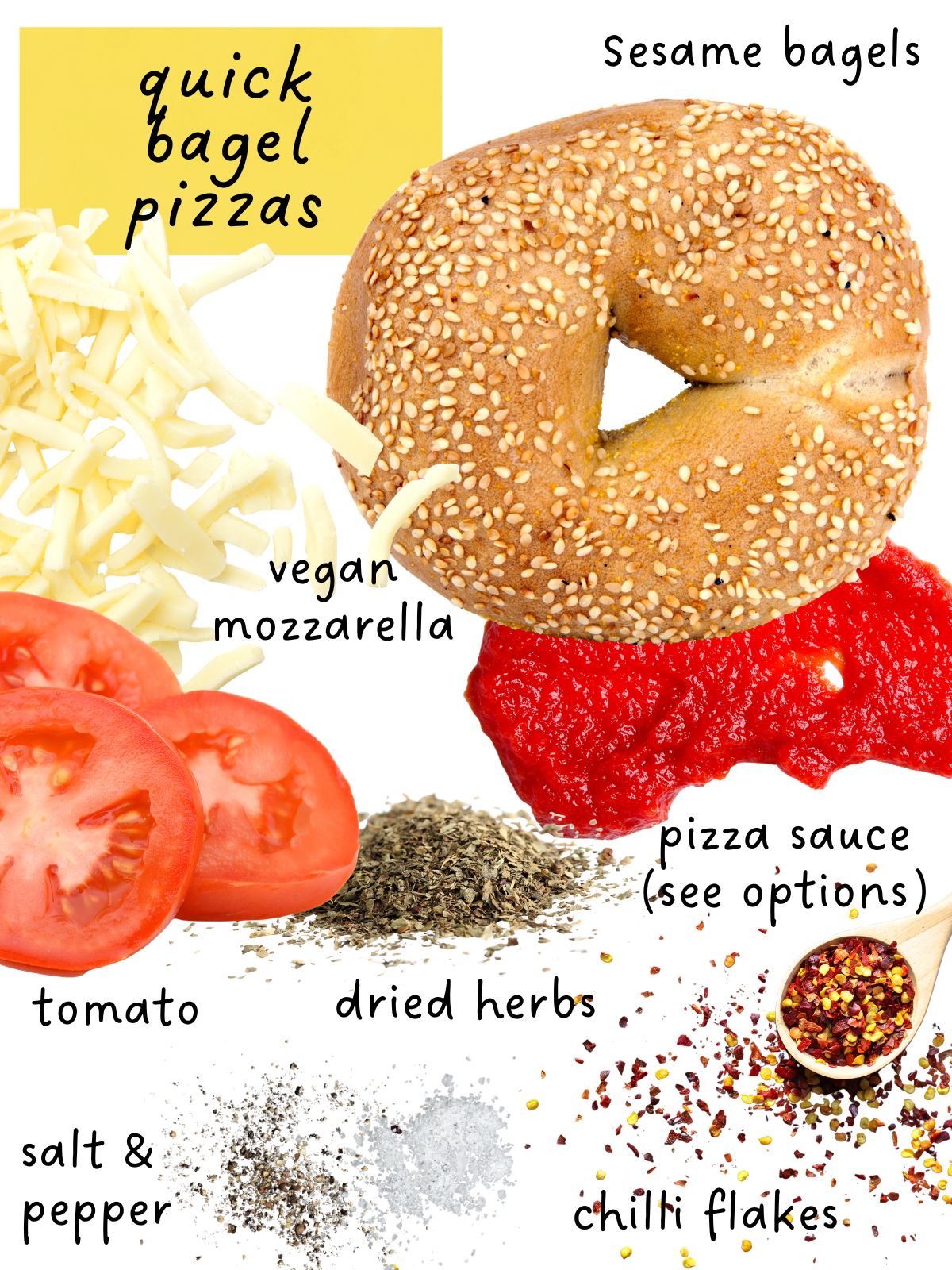 Ingredients for quick bagel pizzas including bagels, sauce, cheese and herbs.