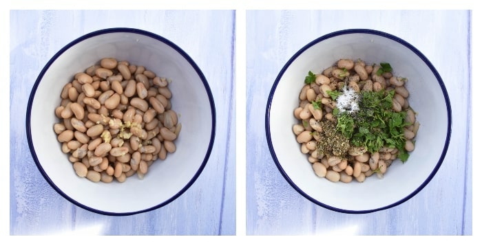 White Bean & Tomato Sandwich - step 1 - add the beans, herbs, garlic and herbs to the bowl