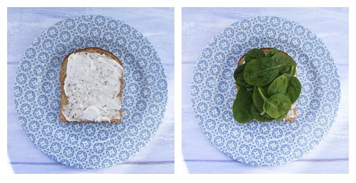 White Bean & Tomato Sandwich - step 3 - make the sandwich add mayo to one slice and mango chutney and spinach to the other.
