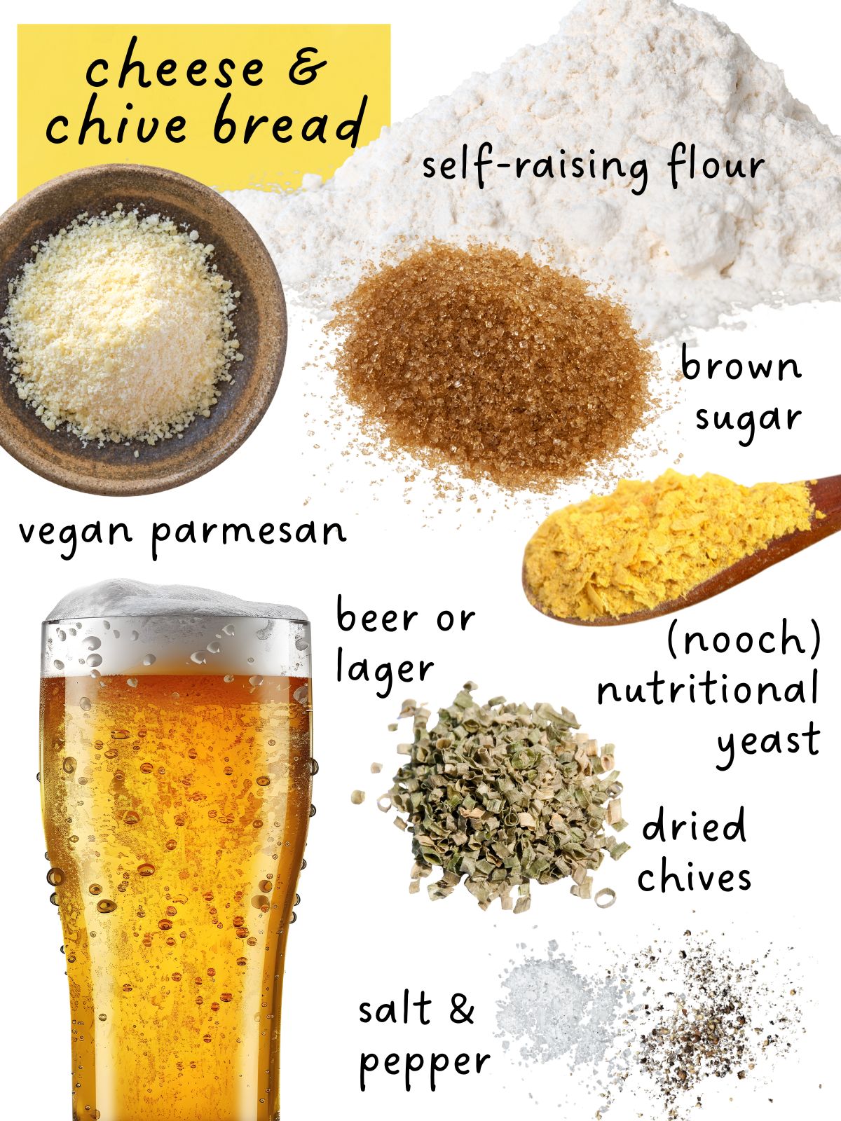 Ingredients for cheese and chive beer bread including beer, flour, sugar, cheese and chives.