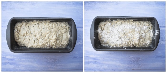 making cheese & chive beer bread step 5 - pour into the loaf tin.